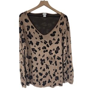 Chicos Tan Leopard Print V Neck Long Sleeve Knit Sweater Top Women Size XXL